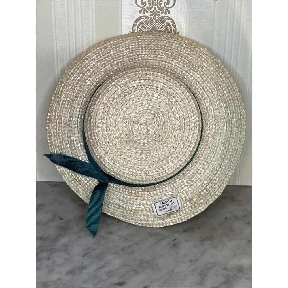 IMSCO NWT Doll Hat‎ Neutral Woven Straw w Green Ribbon 7.5
